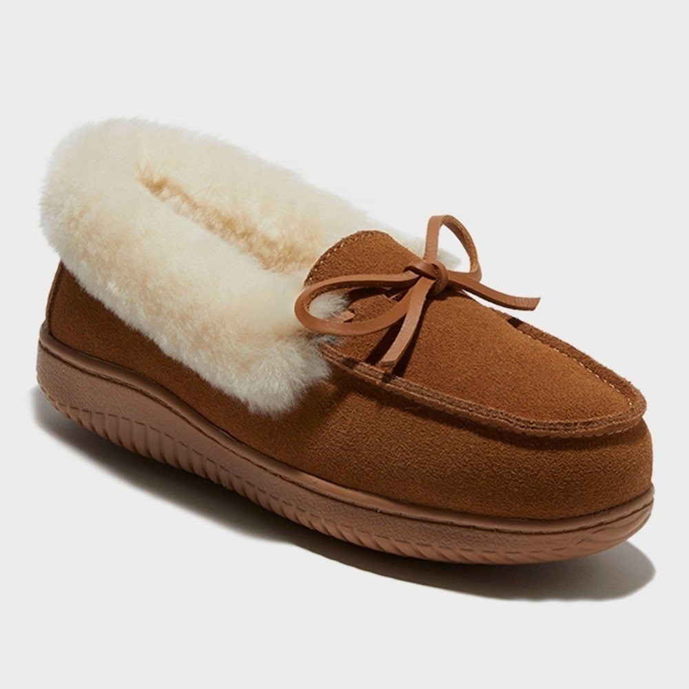 Women's Dearfoams Dluxe Helene Shearling Moc Slippers Chestnut 6 New With Tags